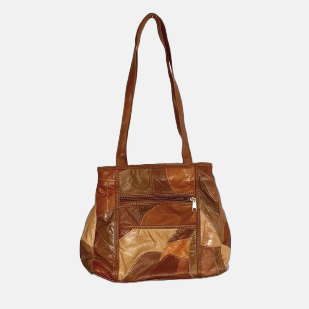 Vintage 80s Brown Soft PU Leather Patchwork Hobo Shoulder Hand Bag Purse